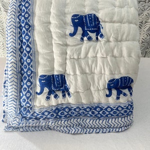 Elephant Block Printed Razai, 90X108 inches Queen Size Blanket, Throw Docter Cotton Quilted Reversible comforter Winter Warm Bedding Razai