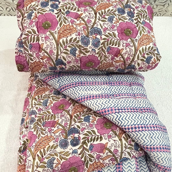 Indian Handmade Reversible Quilted Razai Blanket Throw Hand Block Printed Razai Cotton Filling Winter Warm Quilt Queen Floral Print Blanket