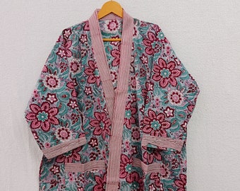 Indisches handgemachtes Baumwolle Kimono-Kleid, Block-Druck-Hippie-Nachtwäsche-Frauen-langer Morgenmantel, Kleid-Kleid-Strand vertuschen ethnischen Bademantel, Etc