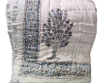Handmade Floral Block Print Cotton Quilt: Jaipuri Razai Blanket