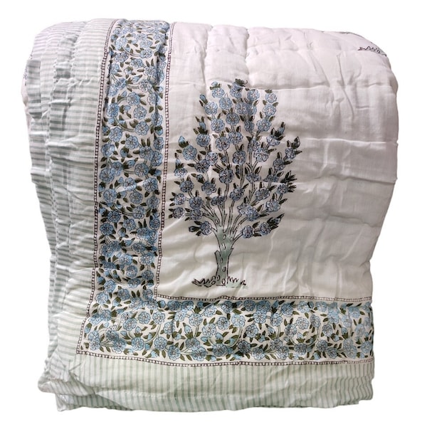 Indian Handmade Quilt Blanket Razai, Jaipuri Print Razai, Organic Cotton Block Print Winter Warm Razai Jaipuri Quilt Bedding Bedspread Razai