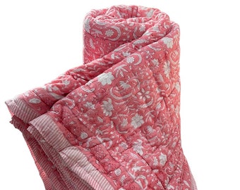 100% Cotton Light Weight Winter Reversible Razai, Winter Warm Razai Quilt, Bedspread Quilt Ethnic Hand Block Print Coverlet Quilt Blanket