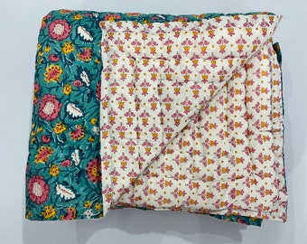 Pink Floral Print Queen Razai: Lightweight Cotton Quilt