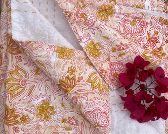 Handmade Floral Kantha Quilt: Indian Cotton Bedspread