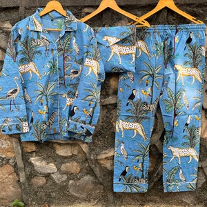 Ensemble de pyjama indien en coton à imprimé blocs de main, 100 % coton, robe de nuit légère ultra-douce pour femme, pantalon en coton, ensemble chemise et pyjama à imprimé tigre