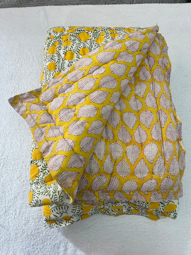 Yellow House Quilt Indian Floral Handmade Jaipuri Razai, Light Weight Reversible Quilt, Bedding Bedspread Coverlet Warm Winter Blanket Throw image 6