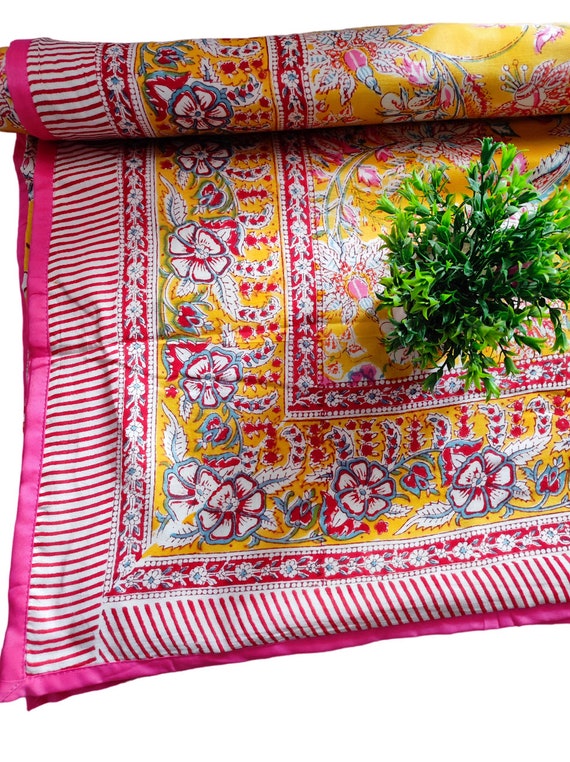 Floral Block Print Cotton Dohar: Reversible Indian Blanket, Twin/Queen