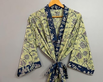 Peignoir kimono en coton à imprimé floral : robe longue faite main Jaipuri