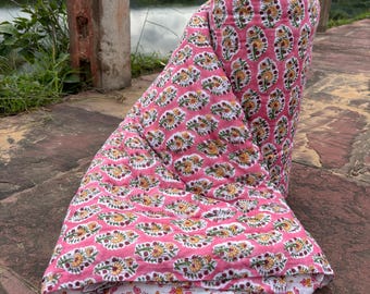 Queen Size Floral Block Print Cotton Quilt: Reversible Winter Bedspread