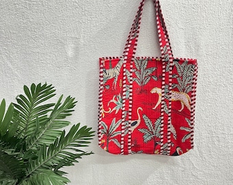 Jaipuri Jungle Print Tote Bag: Handmade Indian Cotton Quilted Shoulder Bag