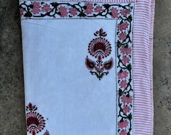 Handmade Reversible Cotton Quilt: Indian Block Print Queen Blanket