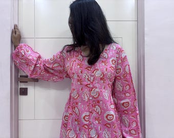 Women's Summer Tiered Casual Dress, Floral Block print Long Warp Gown, Indian Kyra Pocket Dress
