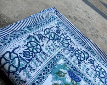 Blue Rose Print Cotton Dohar: Handmade Indian Kantha Throw Quilt