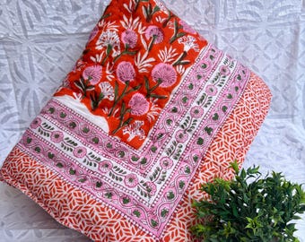 Hand Block Printed Floral Baby Quilt: Lightweight Cotton Bedspread