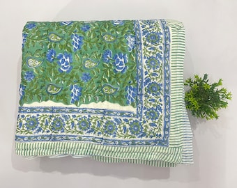 Hand Block Print Razai Quilt: Green Floral Cotton Bedspread