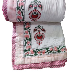 Indian Handmade Quilt Jaipuri Razai Hand Block Printed quilt 90X108 inches Queen Size Blanket Reversible comforter Winter Warm Bedding Razai