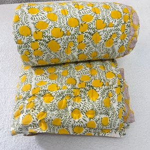 Yellow House Quilt Indian Floral Handmade Jaipuri Razai, Light Weight Reversible Quilt, Bedding Bedspread Coverlet Warm Winter Blanket Throw image 2