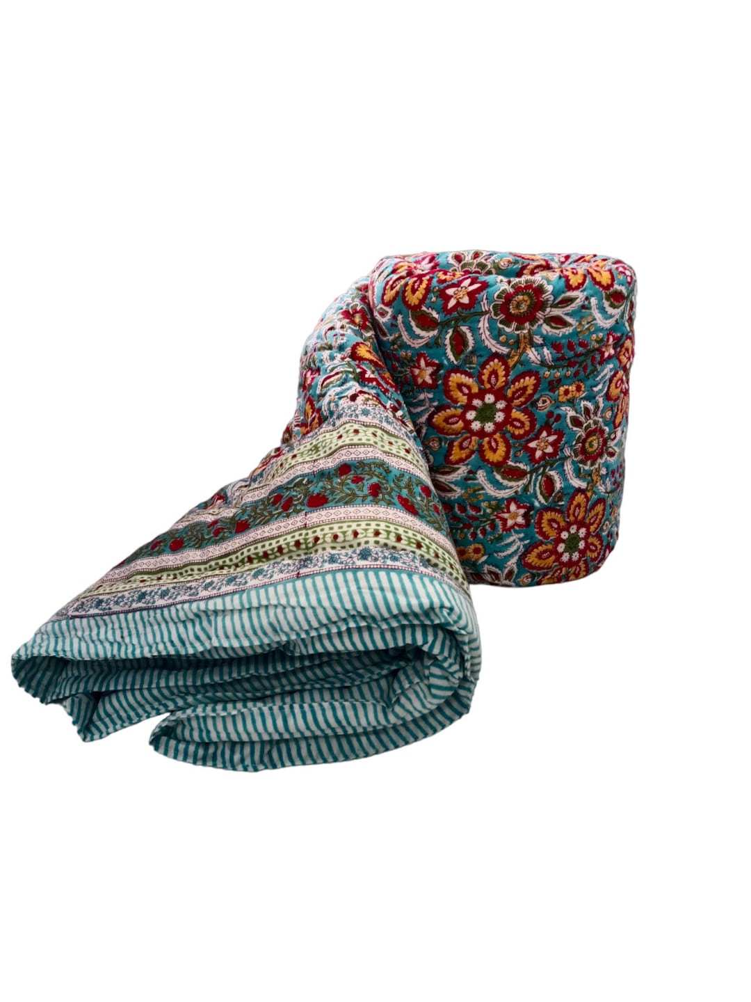 Floral Block Print Winter Warm Razai Quilt, Organic Cotton Handmade