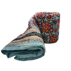 Floral Block Print Quilt: Organic Cotton Handmade Razai Bedspread