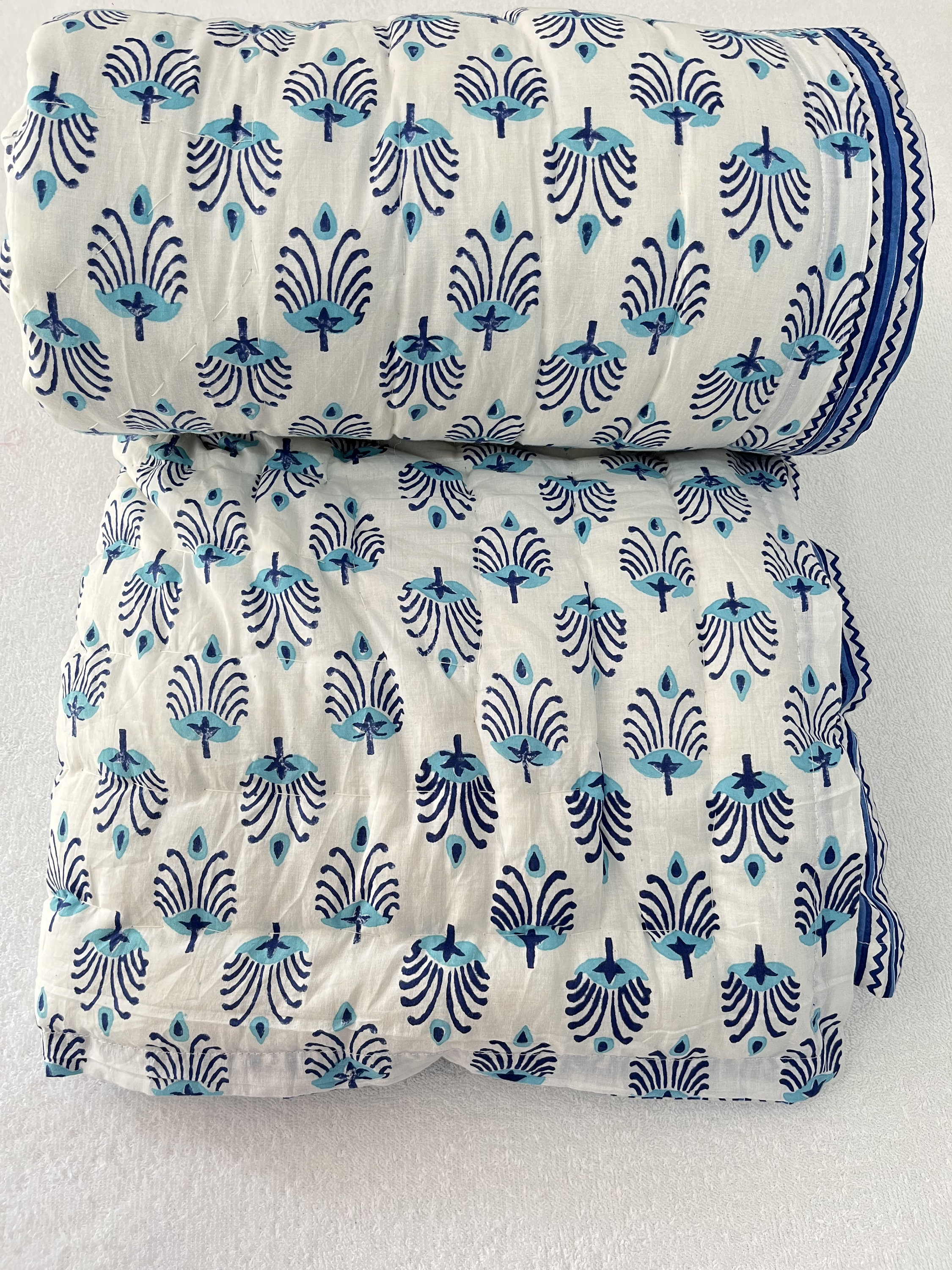 Razai fait main Blue Leaf, Razai d'hiver réversible léger 100 % coton, couvre-lit, couette, couvre-lit, impression de blocs de main, couverture de couette,