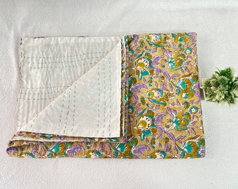 Blumen Print Kantha Bettüberwurf Handabzug Kantha Quilt Handgemacht Kantha Bettwäsche Kantha Werfen Home Living Bettüberwurf Zwilling und Königin