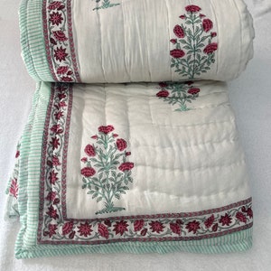 Reversible Quilt Cotton Quilt Hand Block Print Quilt, Queen Size Docter Cotton Inside Blanket, Cotton Bed Quilt Queen Size Blanket Bedding