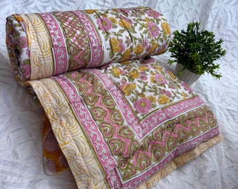 Hand Block Print Cotton Baby Quilt - Rainbow Floral Blanket