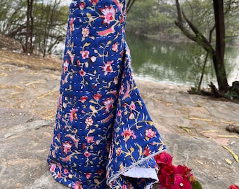 California King Floral Kantha Quilt: Hand Block Print Cotton Bedspread