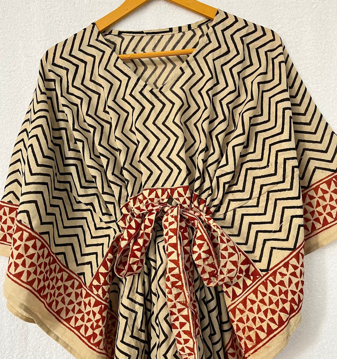 Grey - Bagru Block Printed Cotton Kaftan with Tie-Up Waist (Medium)