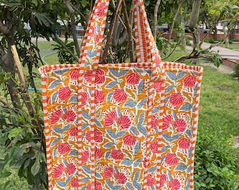 Floral Quilted Tote Bag: Indian Hand Block Print Cotton Shoulder Bag