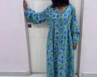 Women Dress !! Floral Block print Long Warp Gown, Indian Kyra Pocket Dress