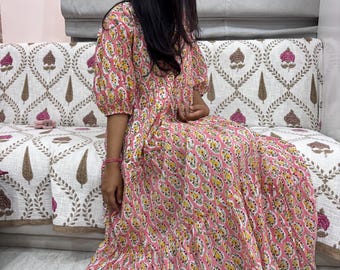 Robe midi en coton imprimé floral Jaipuri à la main – Tunique ethnique bohème avec poches