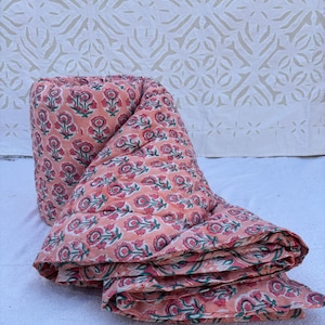 Floral Block Print Razai Quilt: Indian Winter Blanket