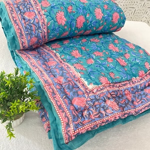 90X108 inches Queen Size Blanket, Jaipuri Hand Block Printed Razai, Floral Printed Quilted Reversible comforter Winter Warm Bedding Razai