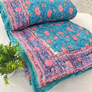 Cobertor Queen Size 90X108 polegadas, Jaipuri, estampado à mão, Razai, edredom reversível acolchoado com estampa floral, roupa de cama quente de inverno Razai