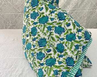 Hand Block Print Cotton Quilt: Floral Indian Razai Blanket