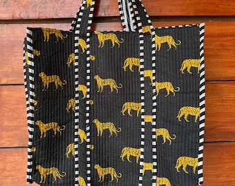 Yellow Tiger Print Tote Bag: Indian Handmade Quilted Cotton Shoulder Bag