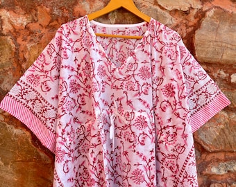 Hand Block Print Cotton Caftan: Indian Voile Beach Cover-Up