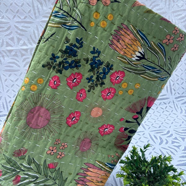 King Size Floral Kantha Quilt: Handmade Indian Cotton Bedspread