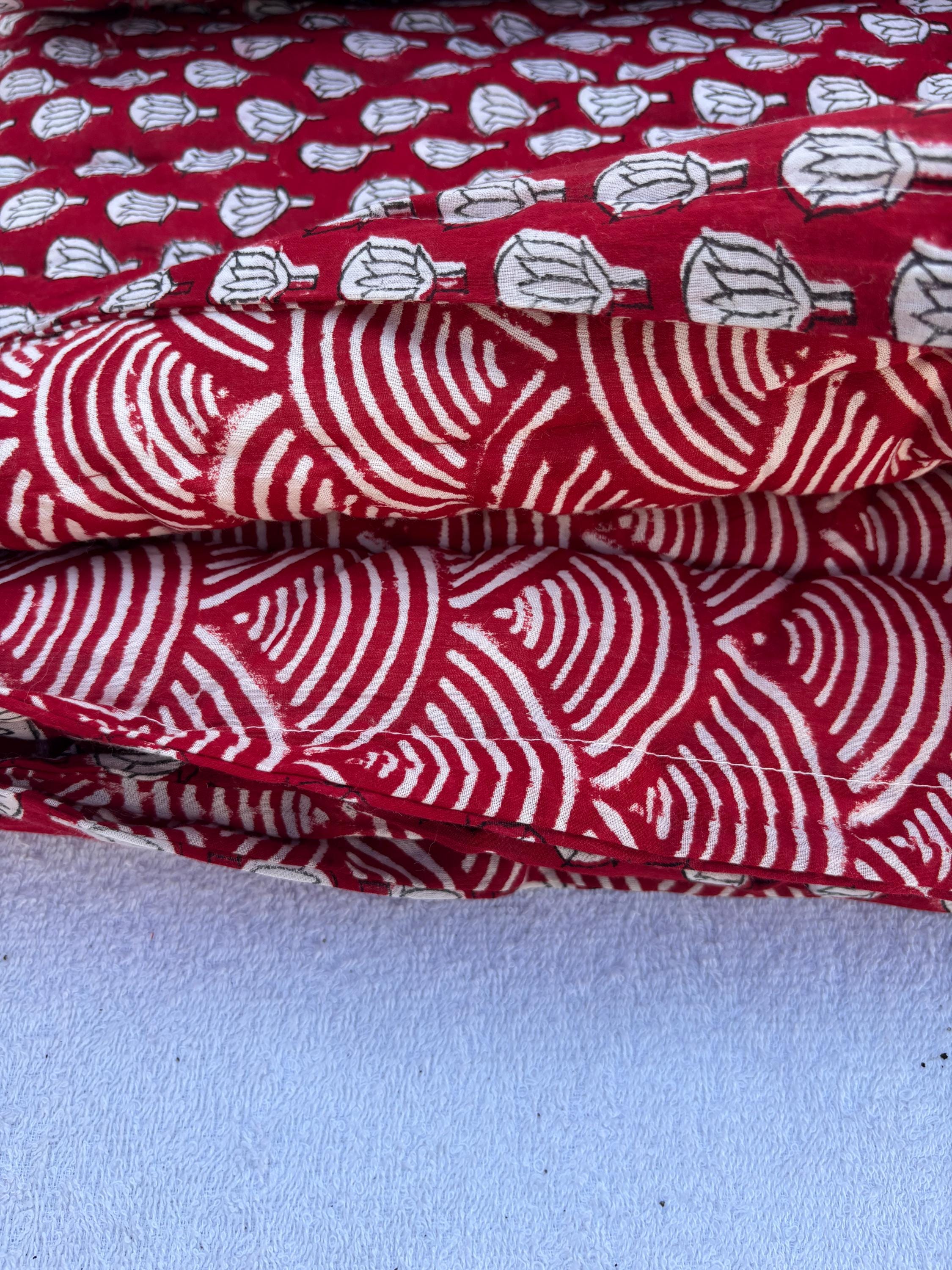 Red Razai Hand Block Printed Queen Razai Quilt: Red Floral Winter Bedspread - Etsy