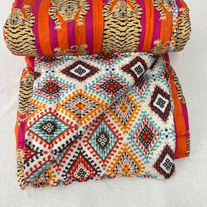 Tiger block Print Razai Blanket, Traditional Handmade Cotton Razai, Ethnic Winter Warm Razai Quilt Bedspread Razai, Coverlet Bed Cover Razai