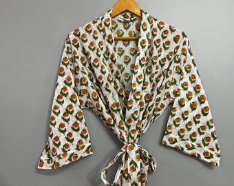 Peignoir kimono en coton à imprimé floral : vêtement de plage Jaipuri fait main