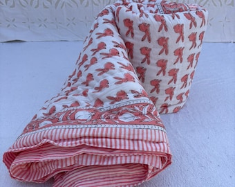 Pink Rabbit Print Quilted Razai: Indian Cotton Blanket