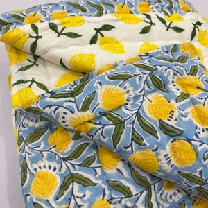 Hand Block Printed Cotton Quilt: Summer Mango Lemon Print, Queen Size