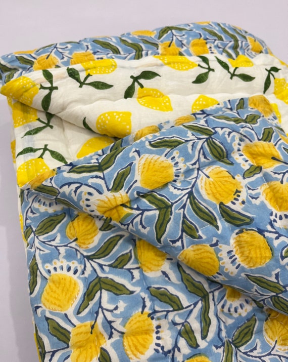 Hand Block Printed Cotton Quilt: Summer Mango Lemon Print, Queen Size