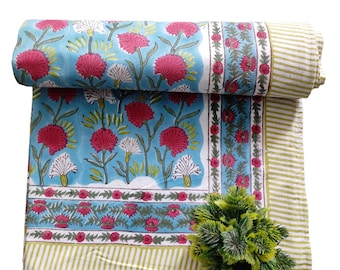 Wall Hanging Bedsheet, Rose Block Print Cotton Flat Sheet Handmade Bed sheet Floral Print Bedspread Blanket Bedding Cotton Floral Bed sheet