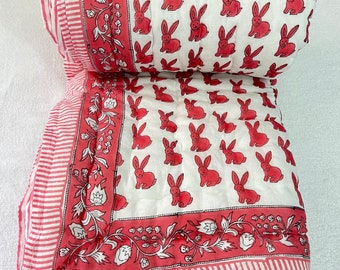 Beautiful Rabbit Print Quilted Razai, Indian Organic Cotton Hand Stitch Razai, Ethnic Winter Warm Blanket Razai, Throw Docter Cotton Quilted