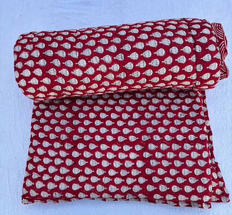 Red Razai Hand Block Printed Queen Razai Quilt: Red Floral Winter Bedspread - Etsy