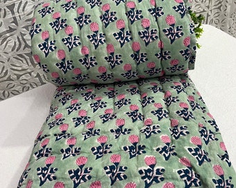 Pink Rose Butty Handmade Razai Quilt, Winter Warm Organic Quilt Razai, Cotton Block Print Quilt, Doctor Cotton Inside Reversible Quilt