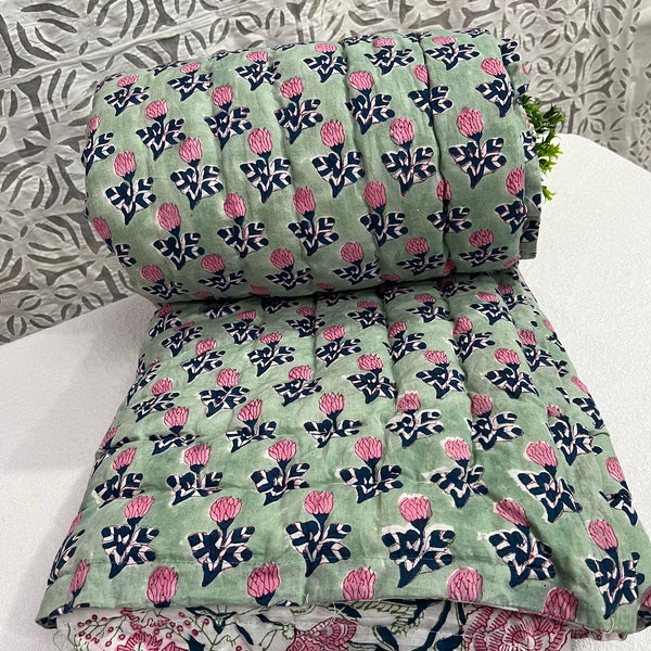 Pink Rose Butty Handmade Razai Quilt, Winter Warm Organic Quilt Razai, Cotton Block Print Quilt, Doctor Cotton Inside Reversible Quilt